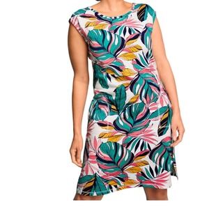 New T By Talbots Tropical Shift Dress Strappy Back Pockets UPF 50 sz M Chic